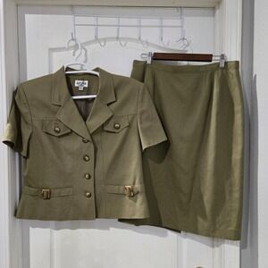 Kasper for asl VTG Skirt Suit Women 16 Olive Green Linen Blend Safari Blazer Set